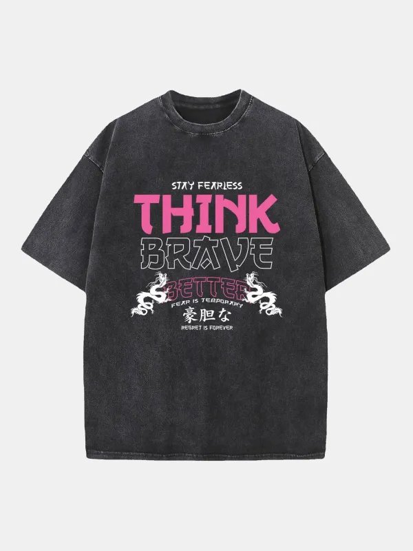 Japanese Think Brave Print Washed Distressed Drop Shoulder T-Shirt sold by Hoooyi