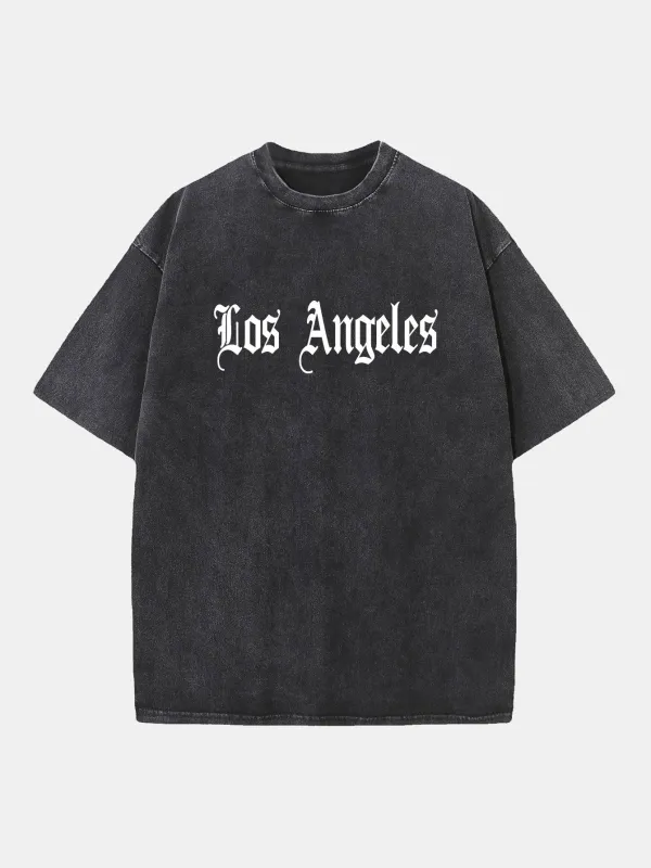 Los Angeles Gothic Print Washed Distressed Drop Shoulder T-Shirt sold by Hoooyi