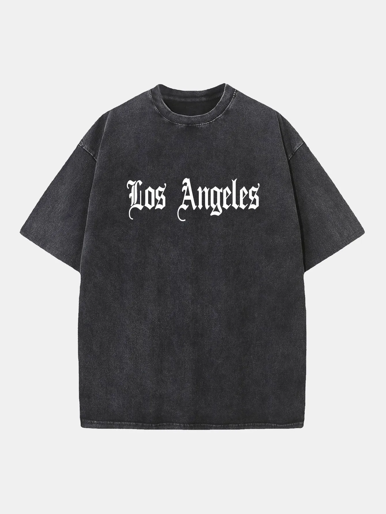 Los Angeles Gothic Print Washed Distressed Drop Shoulder T-Shirt sold by Hoooyi