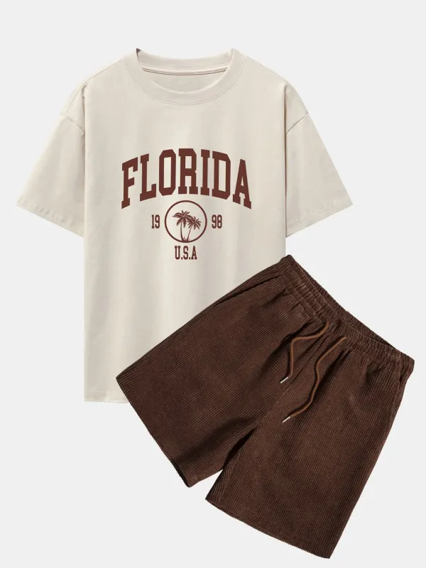 Florida Palm Tree Print Heavy Weight Oversize T-Shirt & Corduroy Shorts made by Hoooyi