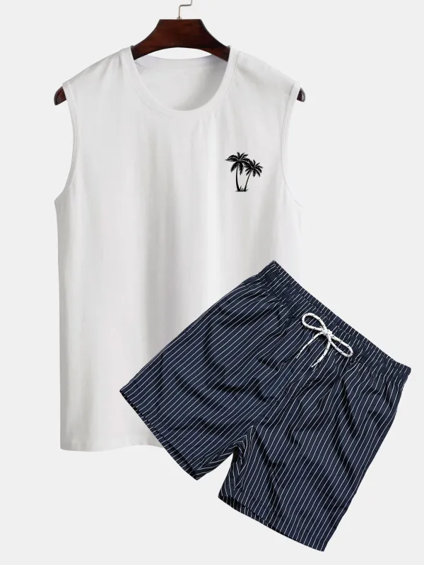 Palm Tree Print Tank Top & Striped Print Swim Shorts sold by Hoooyi