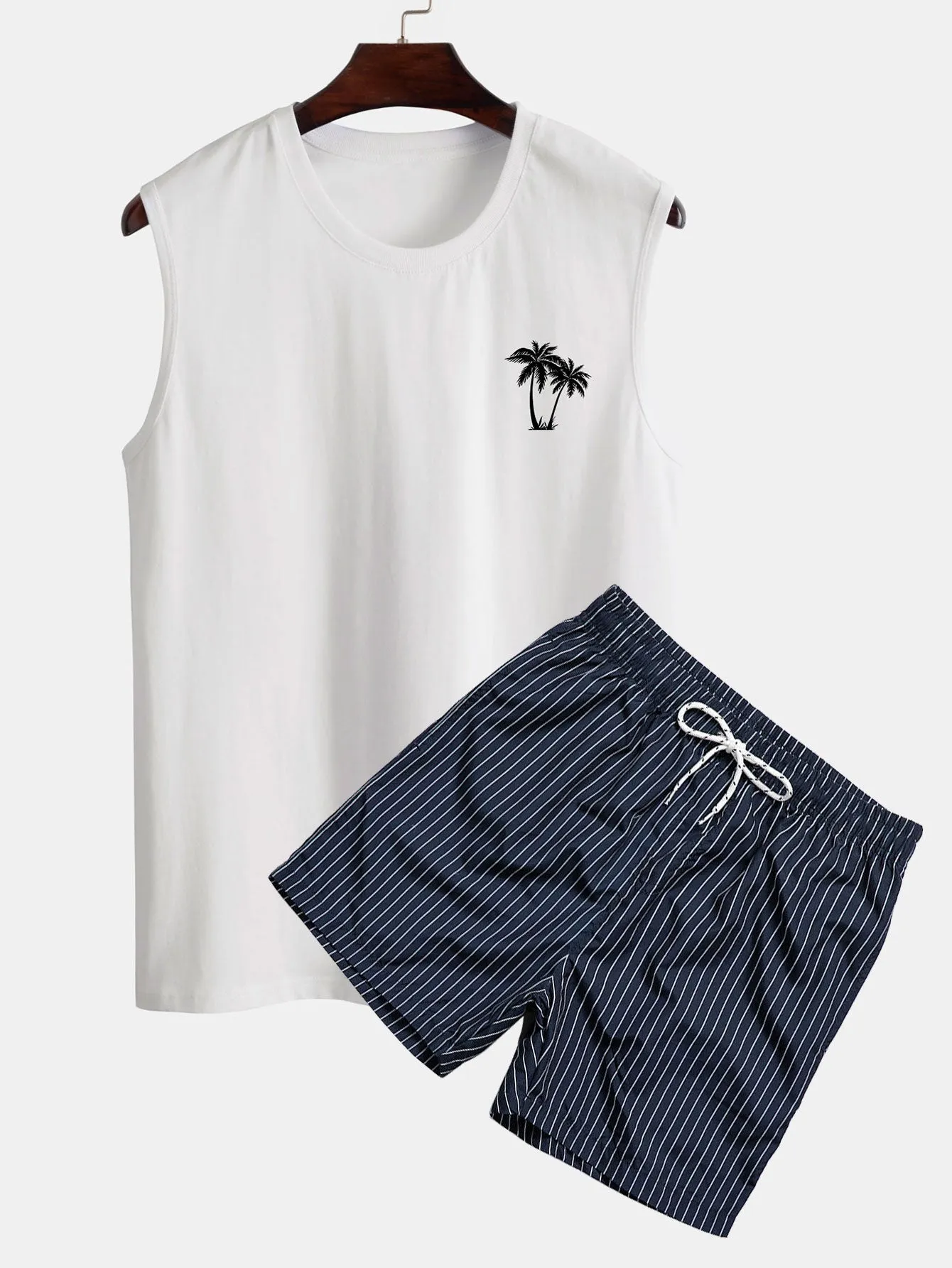 Palm Tree Print Tank Top & Striped Print Swim Shorts sold by Hoooyi