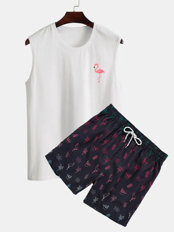 Flamingo Print Tank Top & Flamingo Print Swim Shorts sold by Hoooyi