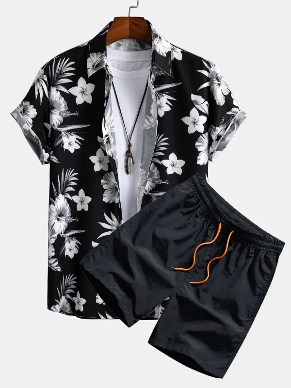 Tropical Floral Print Button Up Shirt & Swim Shorts sold by Hoooyi