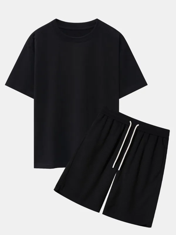 Heavy Weight Oversize T-Shirt & Loose Fit Drawstring Waffle Shorts made by Hoooyi