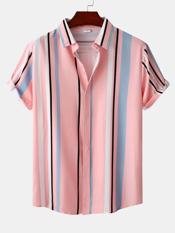 Stripe Print Button Up Shirt sold by Hoooyi