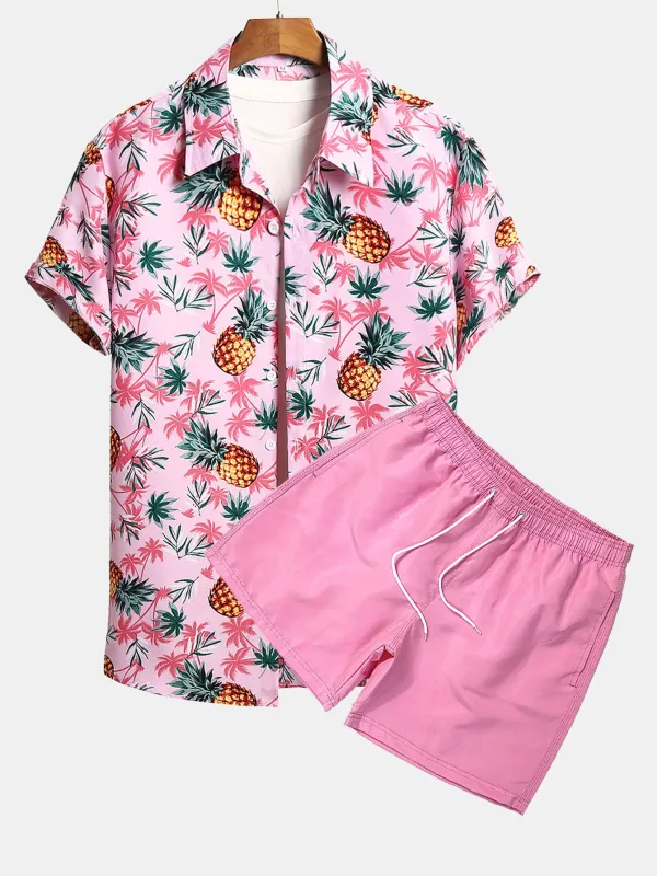 Pineapple Palm Tree Print Button Up Shirt & & Swim Shorts sold by Hoooyi