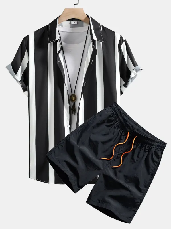 Striped Print Button Up Shirt & Swim Shorts sold by Hoooyi