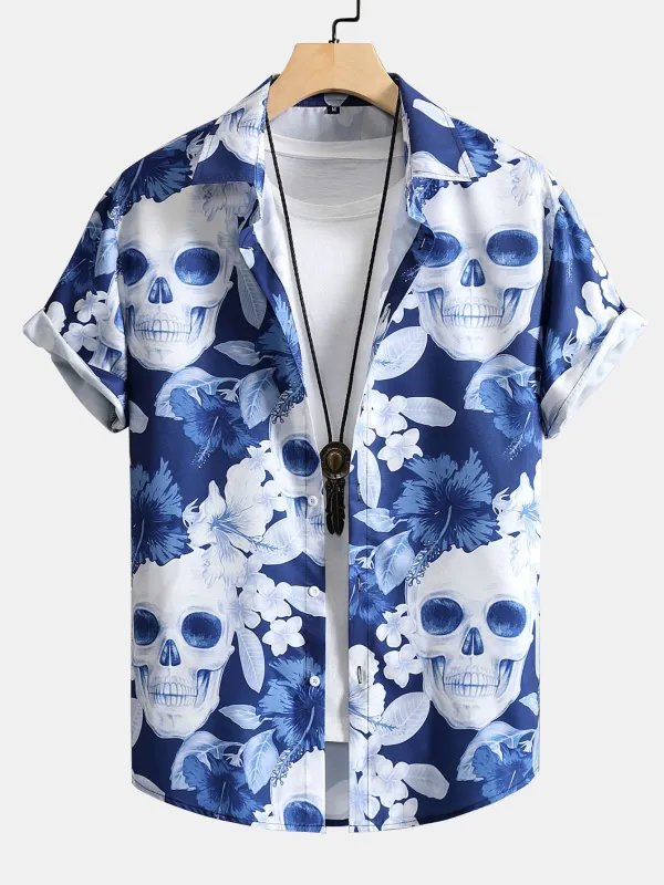 Floral Skull Print Button Up Shirt sold by Hoooyi