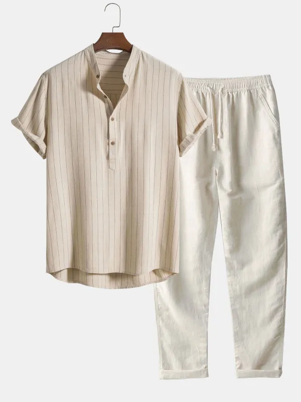 Linen Blend Striped Half Open Placket Henley Collar Shirt & Straight Leg Linen Pants sold by Hoooyi