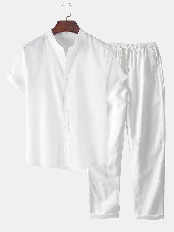 Linen Look Short Sleeve Basic Shirts & Straight Leg Linen Pants made by Hoooyi