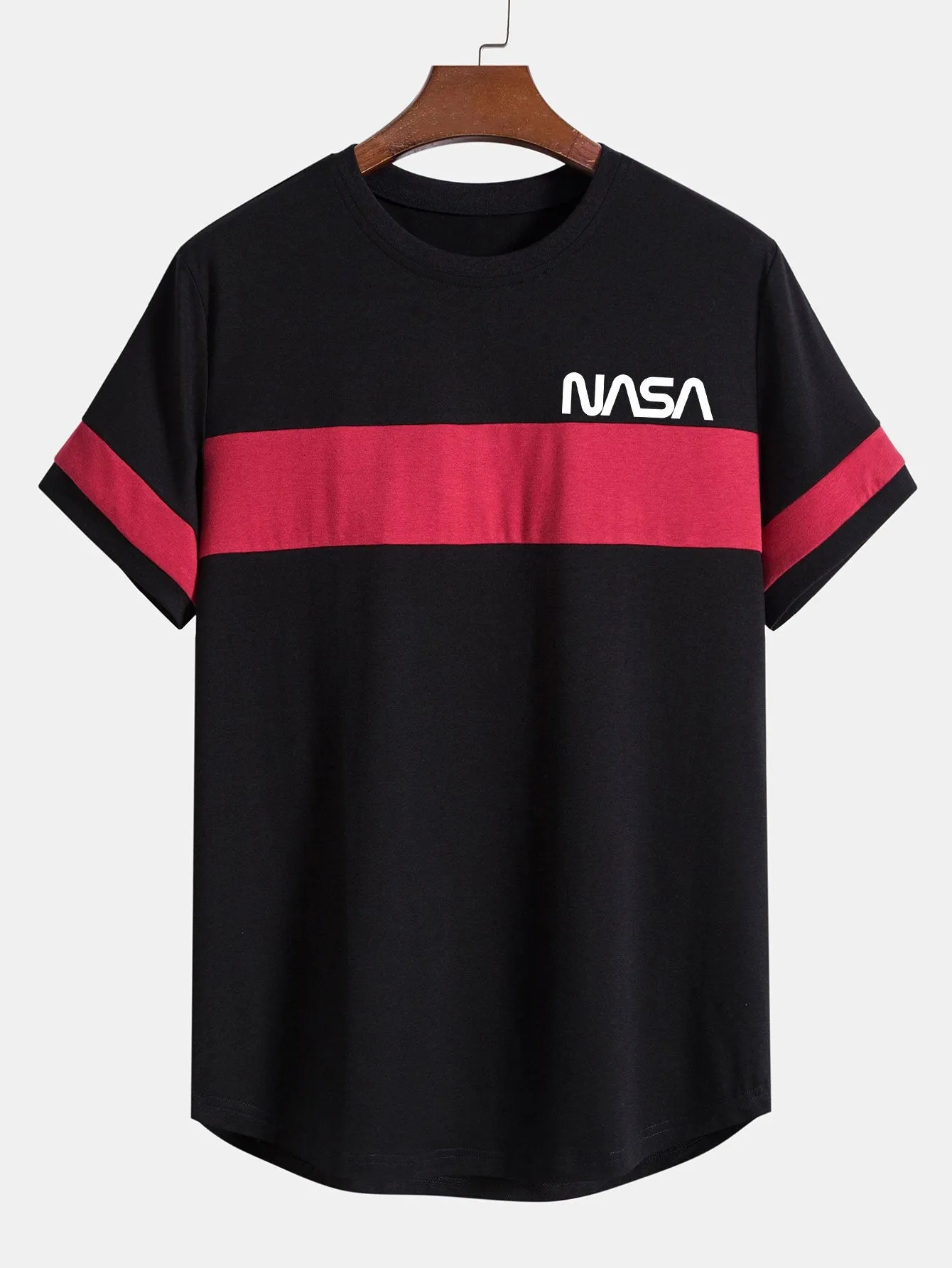 NASA Print Color Block Patchwork Arc Hem T-Shirt sold by Hoooyi