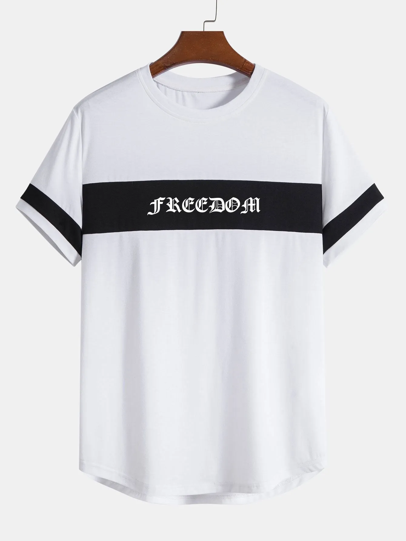 Freedom Print Color Block Patchwork Arc Hem T-Shirt sold by Hoooyi