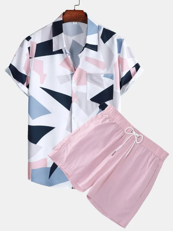 Geometric Print Button Up Shirt With Pocket & Short Length Swim Shorts made by Hoooyi
