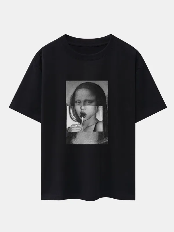 Mona Lisa & Candy Girl Print Oversize T-Shirt sold by Hoooyi