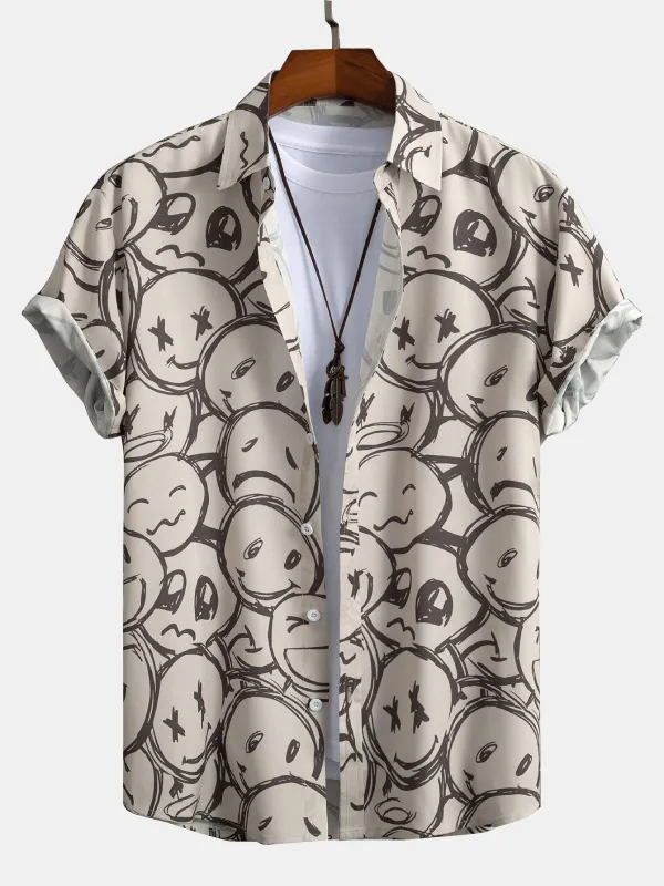 Smiley Print Button Up Shirt sold by Hoooyi