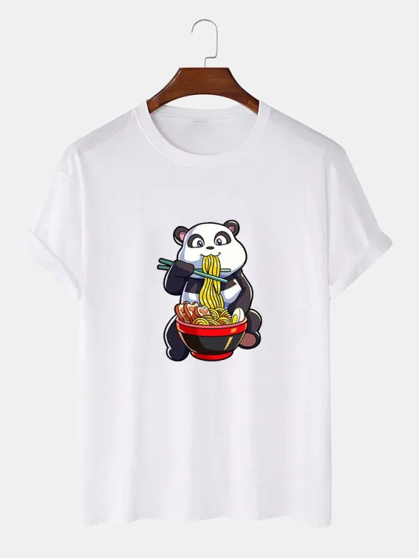 Panda Eating Ramen Print T-Shirt sold by Hoooyi