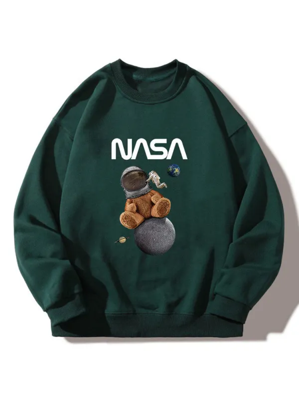 NASA Bear Print Crew Neck Relaxed Sweatshirt sold by Hoooyi