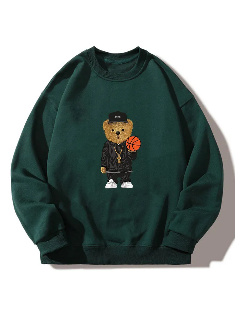 Basketball Bear Print Crew Neck Relaxed Sweatshirt sold by Hoooyi