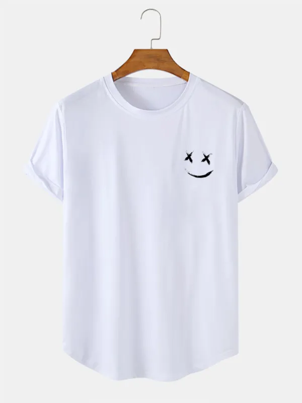 Smiley Print Arc Hem T-Shirt sold by Hoooyi
