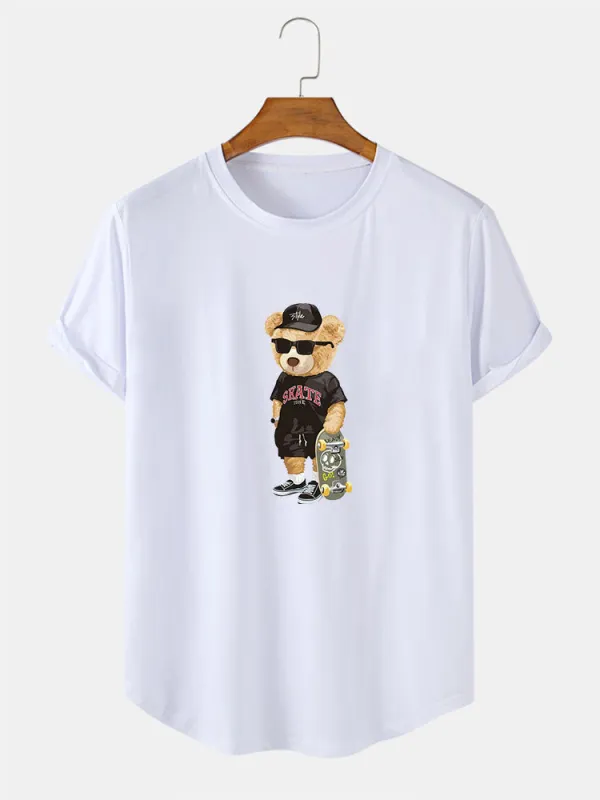 Skate Bear Print Arc Hem T-Shirt made by Hoooyi