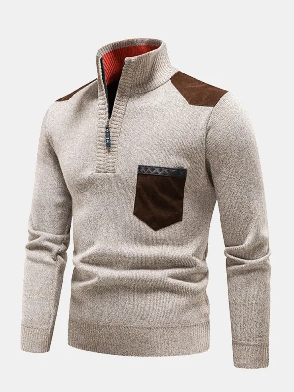 Contrast Pocket Panel Half Zip Sweater sold by Hoooyi