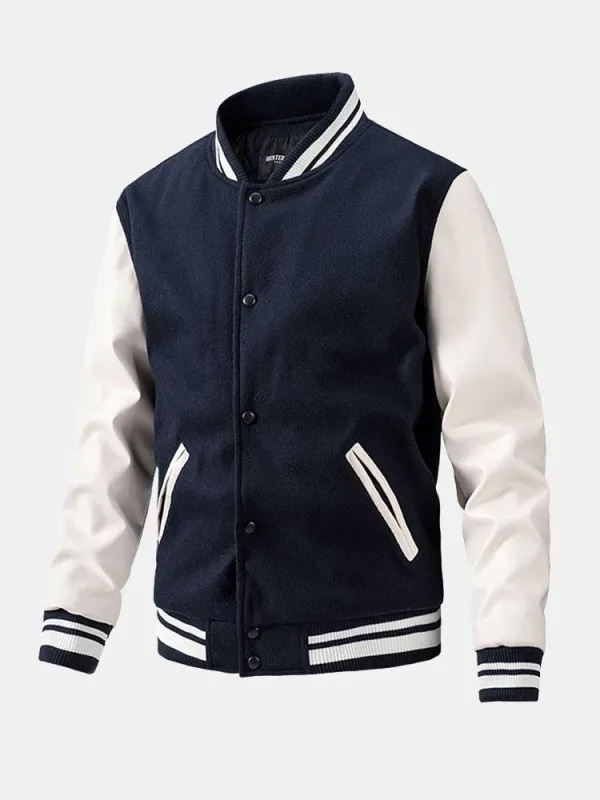 Contrast Wool Look PU Baseball Jacket sold by Hoooyi