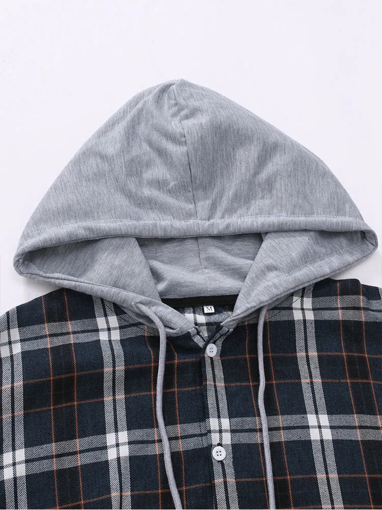Contrast Plaid Button Up Hoodie Shirt sold by Hoooyi product image thumbnail 3