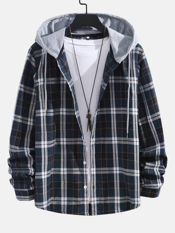 Contrast Plaid Button Up  Hoodie Shirt sold by Hoooyi