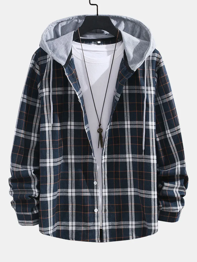Contrast Plaid Button Up Hoodie Shirt sold by Hoooyi