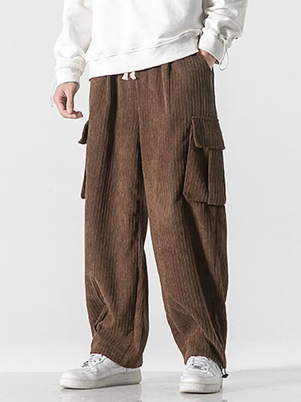 Relaxed Fit Drawcord Hem Corduroy Cargo Pants sold by Hoooyi