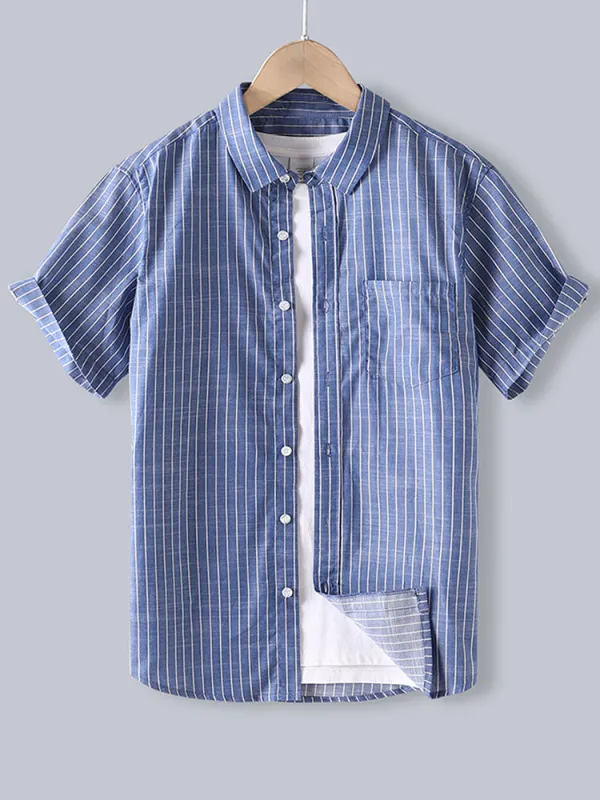 Men Cotton Striped Button Up Shirt sold by Hoooyi