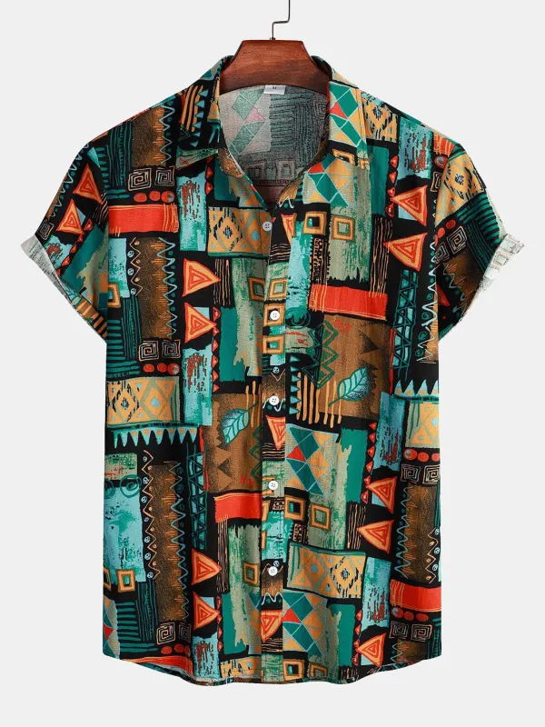 Tribal Geometry Print Button Up Shirt sold by Hoooyi