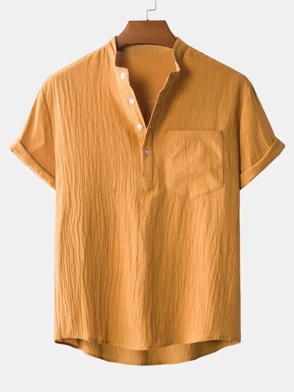 Henry Collar Shirt With Pocket sold by Hoooyi