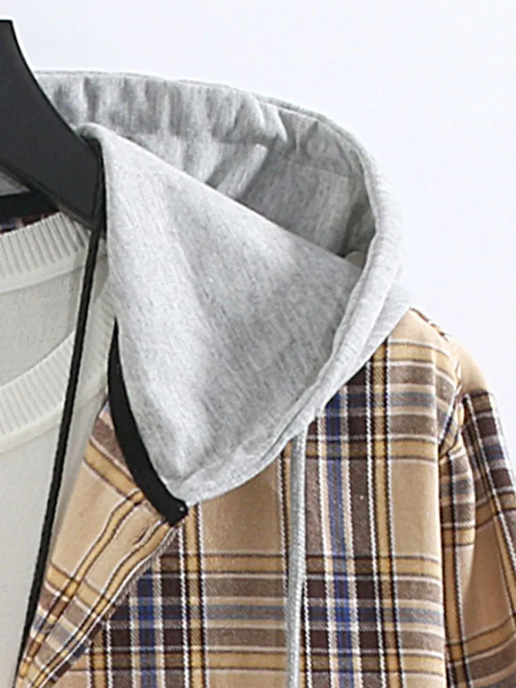 Plaid Contrast Hoodie Button Up Shirt sold by Hoooyi product image thumbnail 5