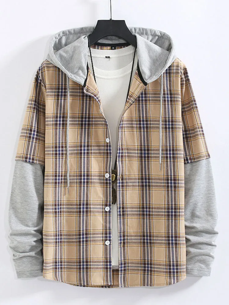 Plaid Contrast Hoodie Button Up Shirt sold by Hoooyi