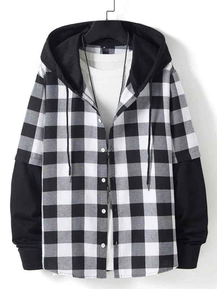 Contrast Plaid Drawstring Hooded Shirt sold by Hoooyi product image thumbnail 3