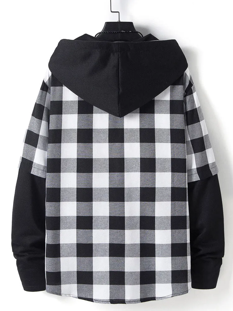 Contrast Plaid Drawstring Hooded Shirt sold by Hoooyi product image thumbnail 4