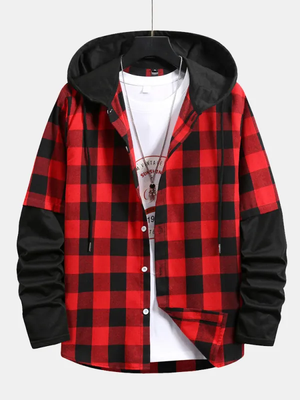 Contrast Plaid Drawstring Hooded Shirt sold by Hoooyi