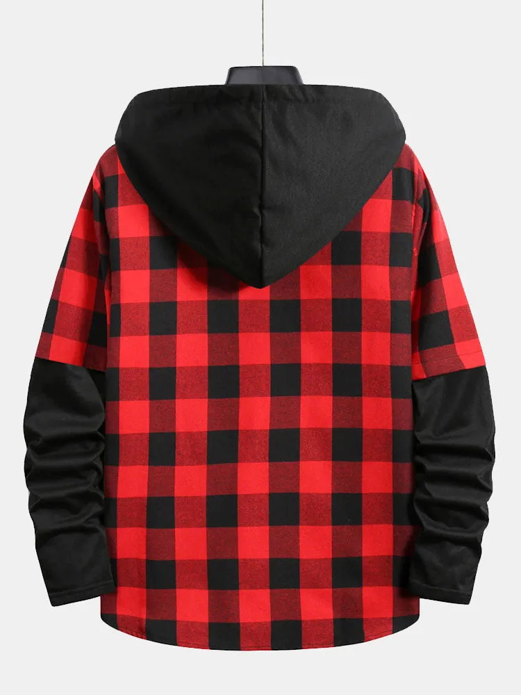 Contrast Plaid Drawstring Hooded Shirt sold by Hoooyi product image thumbnail 2