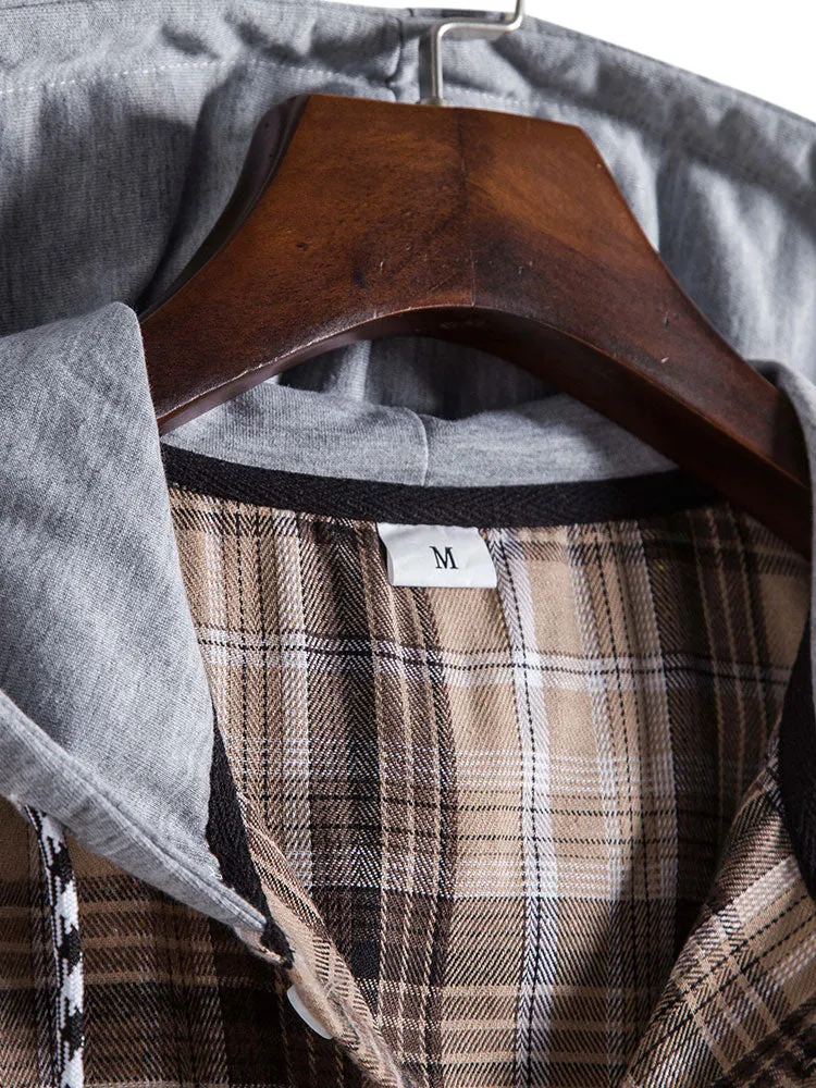 Men Contrast Hooded Drawstring Plaid Shirt sold by Hoooyi product image thumbnail 3