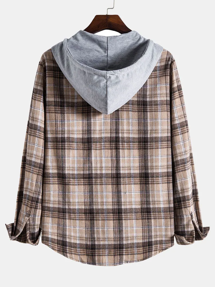 Men Contrast Hooded Drawstring Plaid Shirt sold by Hoooyi product image thumbnail 2