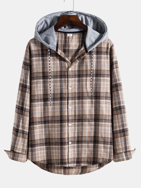 Men Contrast Hooded Drawstring Plaid Shirt sold by Hoooyi