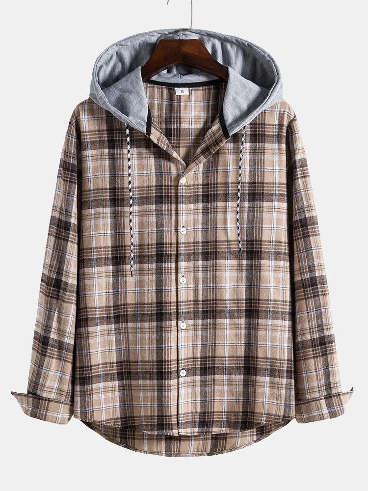 Men Contrast Hooded Drawstring Plaid Shirt sold by Hoooyi