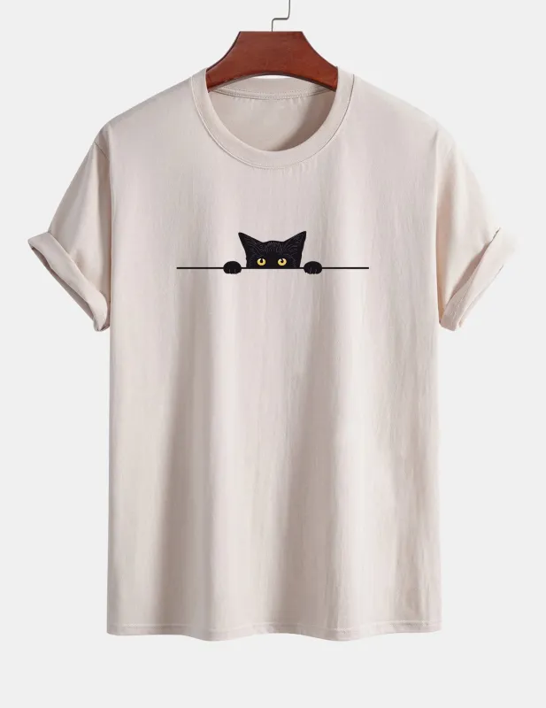 Regular Fit Black Cat Print Cotton T-Shirt sold by Hoooyi