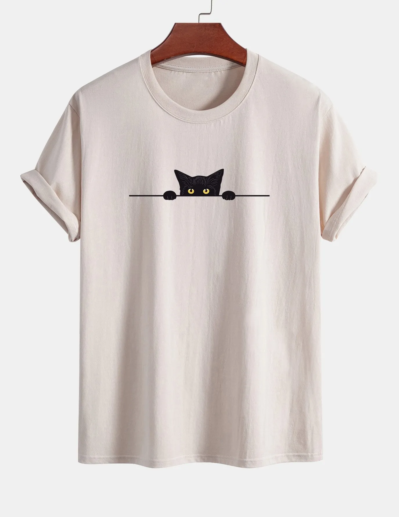Regular Fit Black Cat Print Cotton T-Shirt sold by Hoooyi