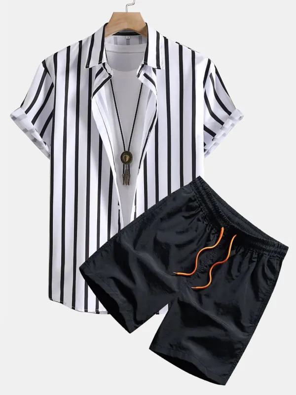 Stripe Print Button Up Shirt & Swim Shorts sold by Hoooyi