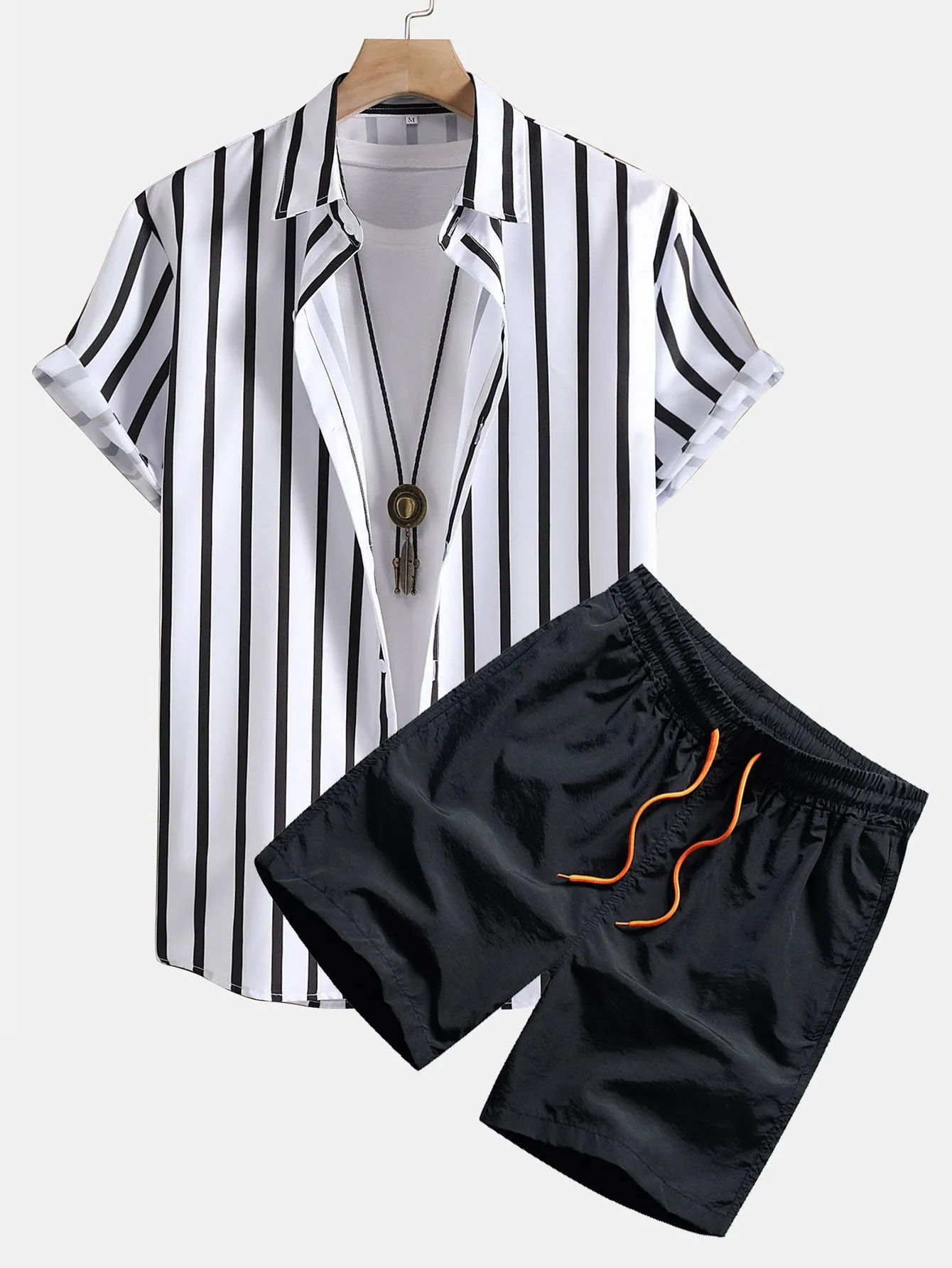 Stripe Print Button Up Shirt & Swim Shorts sold by Hoooyi