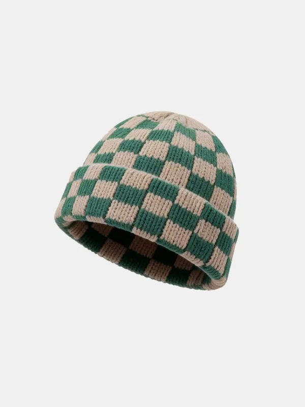 Unisex Autumn/Winter Thick Double-Layer Checkerboard Knitted Hat Outdoor Warm Couple Cap sold by Hoooyi