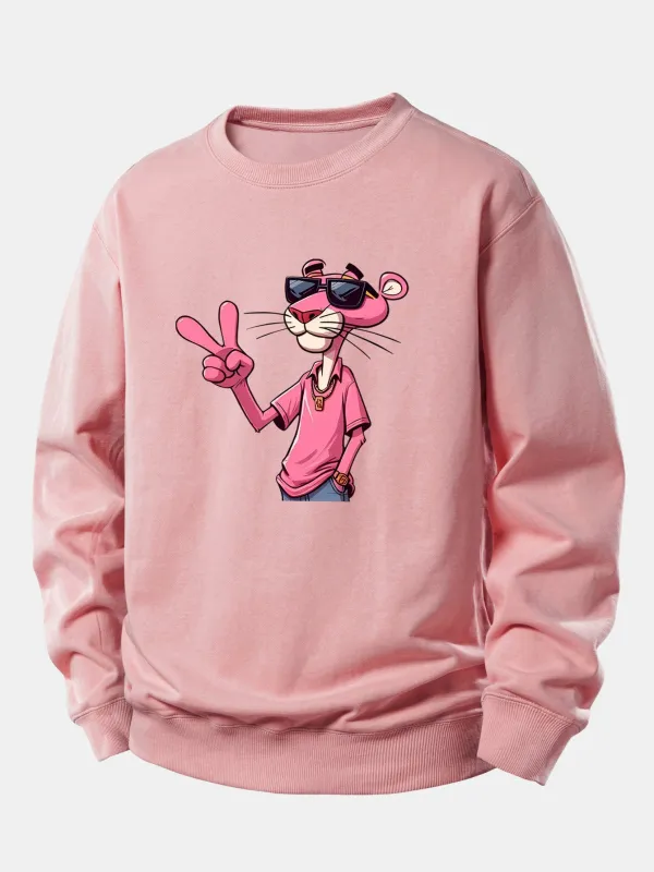 Pink Panther With A V Sign Print Relax Fit Sweatshirt made by Hoooyi